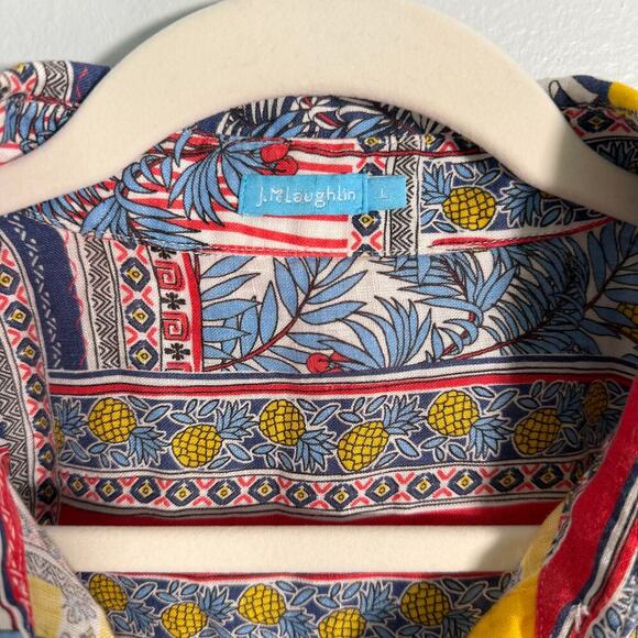 J. McLaughlin Linen Shirt L Tropical Pineapple Print Resort Beachwear Flaws - Picture 4 of 5